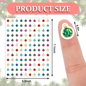 Detail view of mini laser Christmas ball stickers with size dimensions and scale comparison.