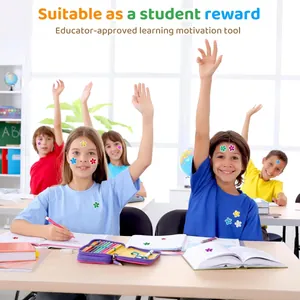 Kids wearing colorful flower stickers in a bright classroom, used as student reward.