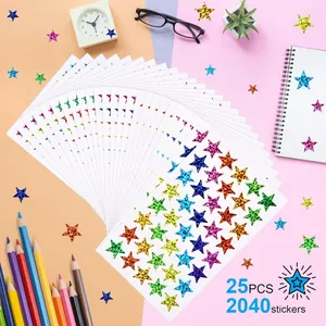 Macro detail of 25 sheets multi-color holographic glitter star stickers for kids reward.