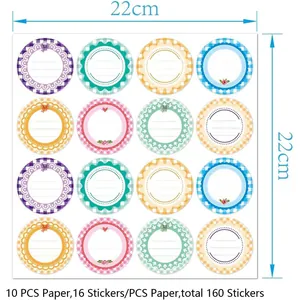 Detailed view of 160 round floral canning labels with colorful gingham borders