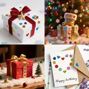 Detailed application view of holographic star and heart stickers on colorful gift boxes.