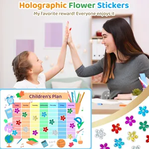 Holographic flower reward stickers for children on a colorful daily activity plan chart