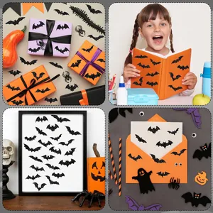 Collage showing creative Halloween bat stickers applied to gift boxes, books and home decor.