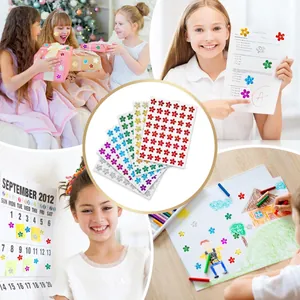 Holographic flower stickers shown in various kids activities and reward scenes.