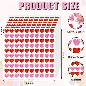 Vista detallada de mini pegatinas de corazones láser con dimensiones de la hoja
