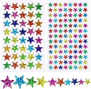 Detailed macro view of colorful holographic glitter star stickers for school reward charts