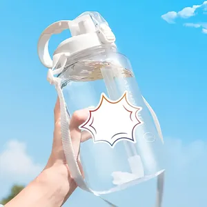 Detail view of a blank thought bubble sticker applied to a transparent water bottle