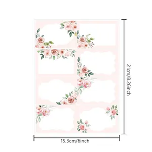 Macro view of pink floral blank gift stickers with dimensions 21cm by 15.3cm for labels