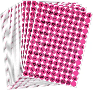 Fogli di etichette circolari rosso rosa con vari importi in USD per mercatini delle pulci