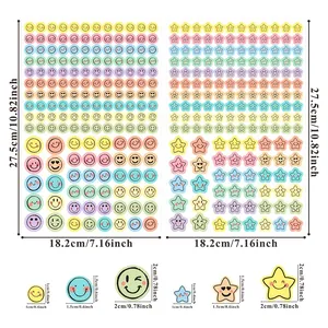 Detailed size chart for macaron smiley and star stickers showing various sheet dimensions.