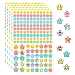 Detail view of colorful macaron star stickers with various cute smiley expressions