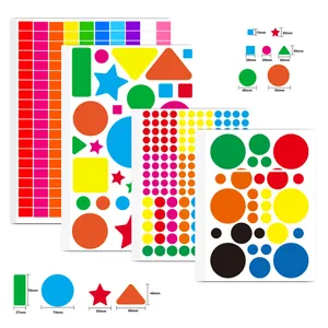 Detailed view of colorful geometric stickers with various shapes and size measurements