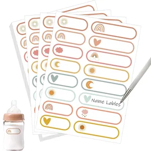 Detailed view of cute decorative name labels with rainbow motifs for baby bottles