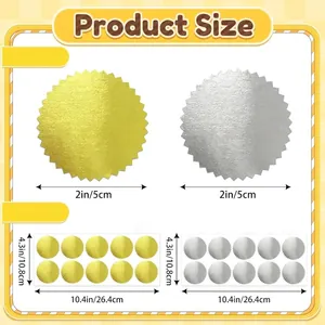 Product size diagram for 2-inch gold and silver serrated foil seal sticker sheets