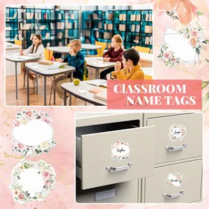 Decorative floral blank name tags shown in classroom and office storage scenes.