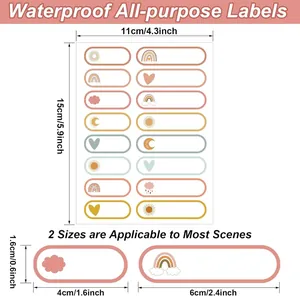 Detail view showing precise dimensions of waterproof cute rainbow decorative name labels for jars.