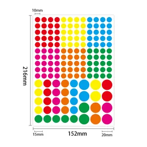 Multi-colored circular adhesive stickers sheet with sizes 10mm, 15mm, and 20mm