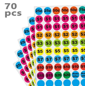 Vista detallada de 70 pegatinas de precios de venta redondas y coloridas