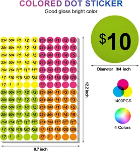 Vista detallada de pegatinas de precios redondas de colores, pack de 1400 unidades