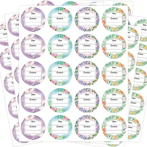 Floral round waterproof jar stickers with Date and Contents fields for food containers