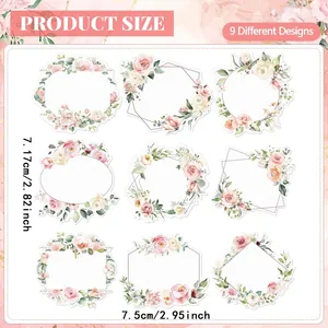Detailed product view of nine floral wreath blank gift labels with size dimensions