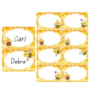 Detailed view of writable cute honeybee name stickers and labels for school items