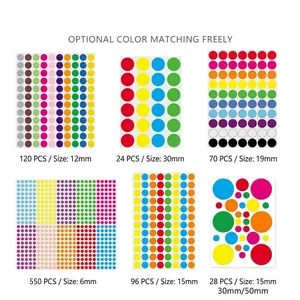 Collection of colorful circular sticker sheets in various sizes from 6mm to 50mm