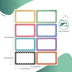 Product detail showing dimensions of colorful border name labels with 8 tags per sheet