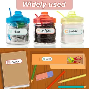 Detailed application of blank decorative labels on colorful glass jars and stationery items.