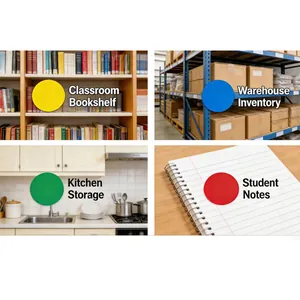 Detailcollage van gekleurde stickers van 1,9 cm voor het ordenen van kantoor en keuken