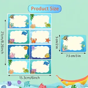 Detailed dimensions of ocean-themed writable name stickers and sheet