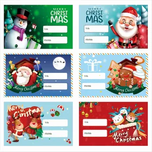 Detailed view of six colorful cartoon Christmas gift tags with writable To and From fields