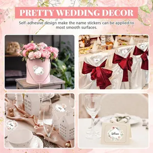 Detail view showing floral stickers applied on wedding chairs, flowers, and cards.
