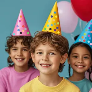 Detailed macro view of colorful round dot stickers applied on decorative party hats
