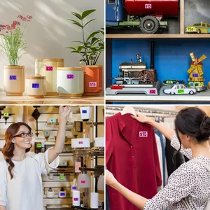 Etiquetas de precios adhesivas de colores en frascos y ropa para ventas de garaje