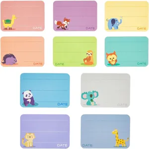 A detailed view of ten colorful animal cartoon name stickers with writable lines and date