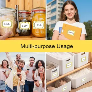 Gold-stamped labels shown in various usage scenarios like kitchen jars and storage bins