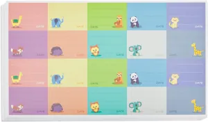 Macro view of colorful cartoon animal name stickers with writable lines and date mark