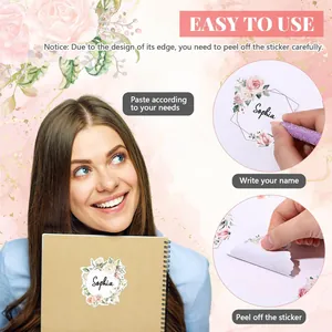 Detail showing how to write and peel floral wreath gift labels for notebooks