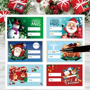 Detailed view of 6 colorful Christmas To/From gift stickers with festive designs