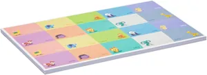 Stack of colorful cartoon animal name stickers with writable date fields for school.