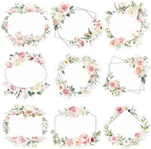 A collection of 9 unique watercolor floral wreath stickers for wedding and gift labels