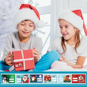 Close-up of colorful cartoon Christmas gift tags with To/From lines for holiday presents