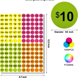 Set de 1400 etiquetas de precio redondas de colores de 3/4 pulgada con valores en dólar