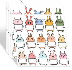Stacked sheets of colorful cartoon rabbit name stickers with writable blank boards