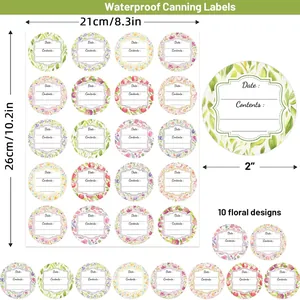 Detailed view of 2-inch waterproof round floral canning labels with dimension markings
