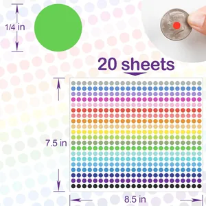 1/4 inch multi-color round dot stickers, 20 sheets self-adhesive labels set