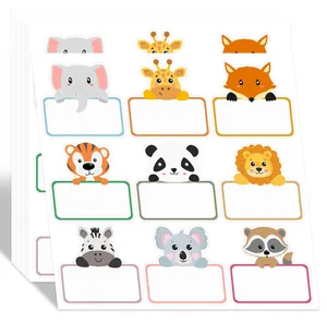 Pack of colorful self-adhesive name labels featuring nine cute cartoon animal designs.