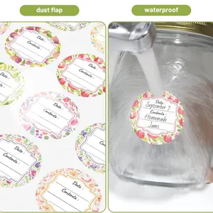 Close-up demonstration of waterproof round floral labels on a glass jar under running water.
