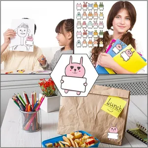Usage scenes of cute cartoon animal name stickers on school books and lunch bags